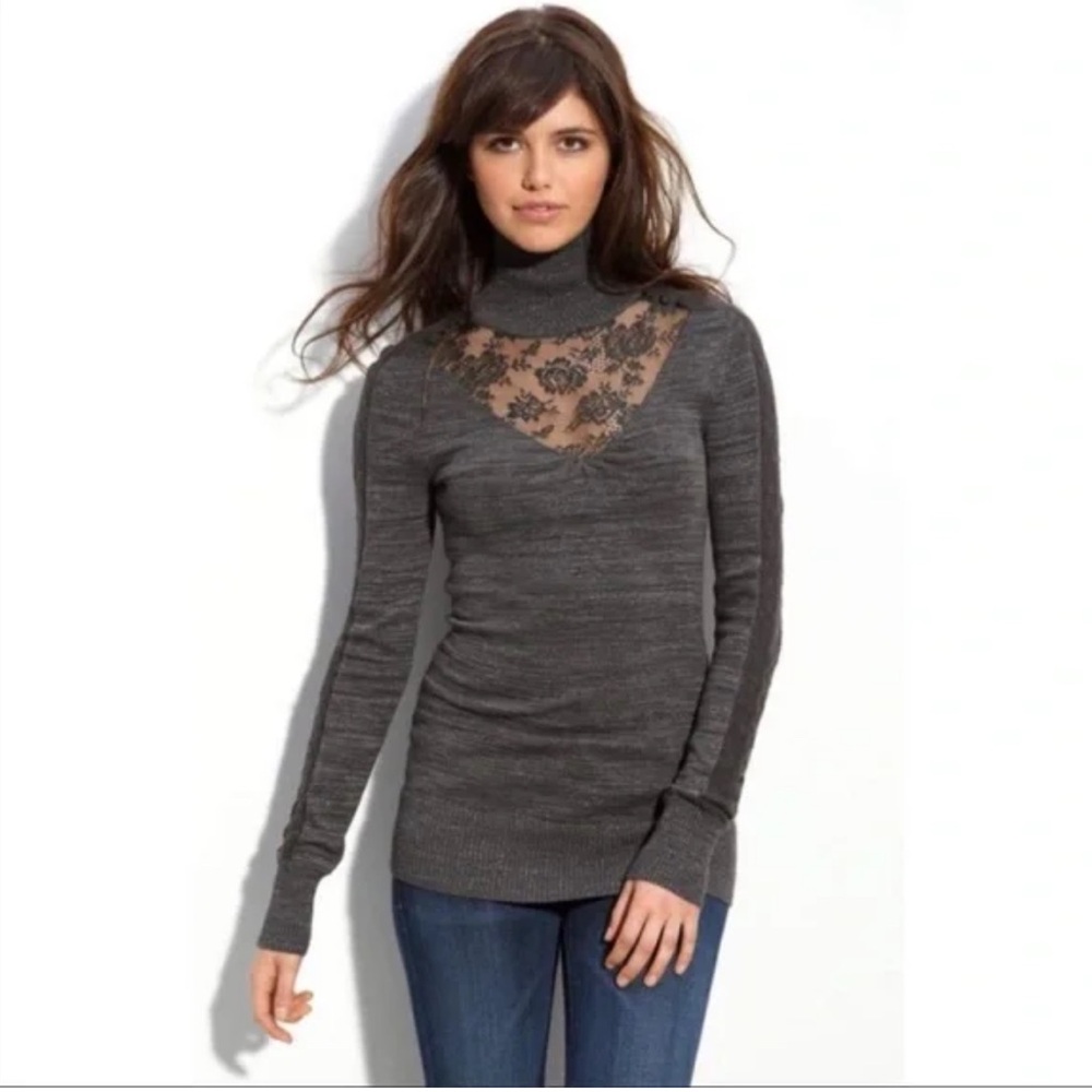 Free People Lace Insert Turtleneck Sweater Gray Metallic Stretch Pullover Size M